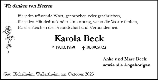 Traueranzeige von Karola Beck von Allgemeine Zeitung Alzey