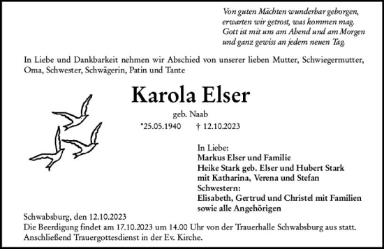 Traueranzeige von Karola Elser von Allgemeine Zeitung Mainz