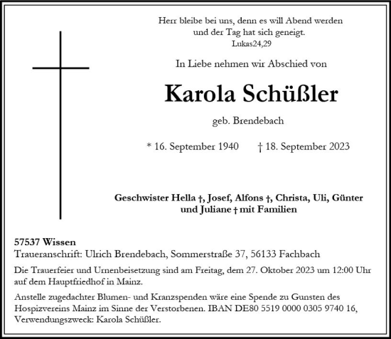 Traueranzeige von Karola Schüßler von Allgemeine Zeitung Mainz