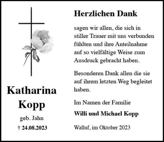 Traueranzeige von Katharina Kopp von Rheingau Kurier