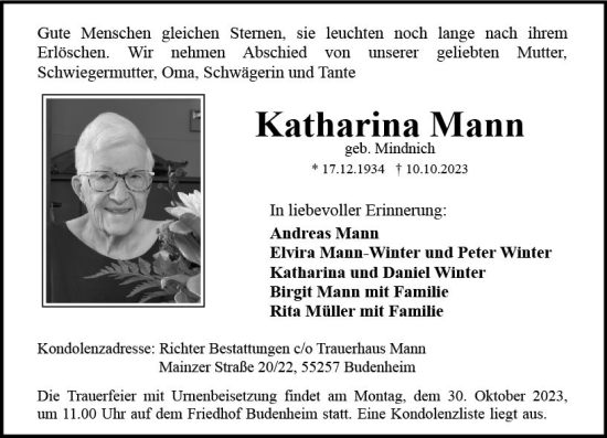 Traueranzeige von Katharina Mann von Allgemeine Zeitung Mainz