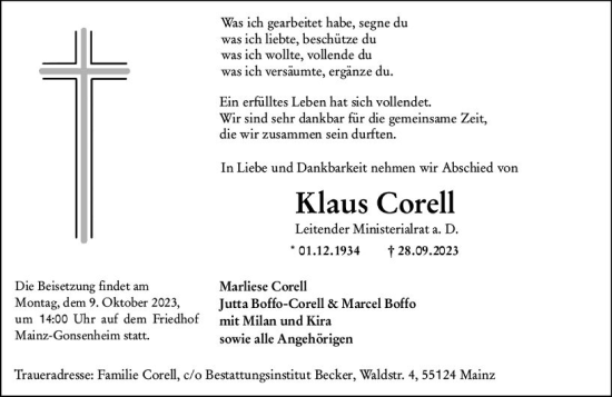 Traueranzeige von Klaus Corell von Allgemeine Zeitung Mainz