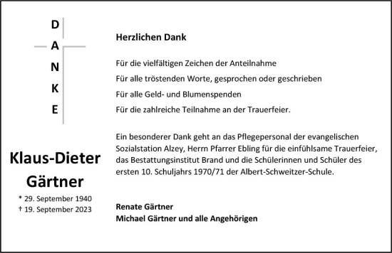 Traueranzeige von Klaus-Dieter Gärtner von Allgemeine Zeitung Alzey