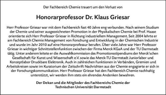 Traueranzeige von Klaus Griesar von Darmstädter Echo