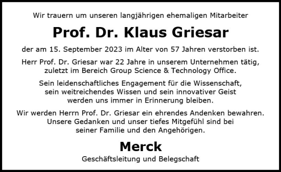 Traueranzeige von Klaus Griesar von Darmstädter Echo