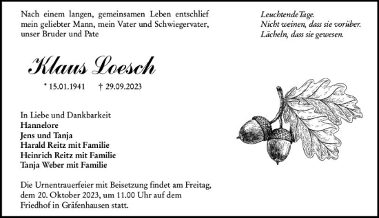 Traueranzeige von Klaus Loesch von Darmstädter Echo
