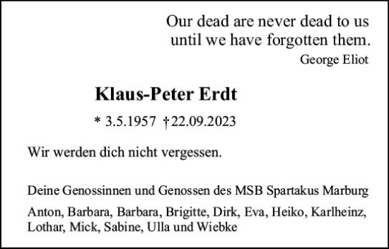 Traueranzeige von Klaus-Peter Erdt von Dill Block
