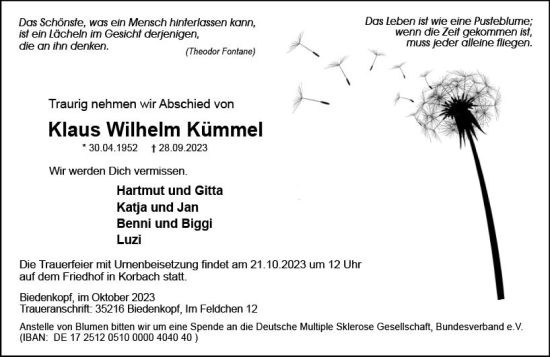 Traueranzeige von Klaus Wilhelm Kümmel von Hinterländer Anzeiger