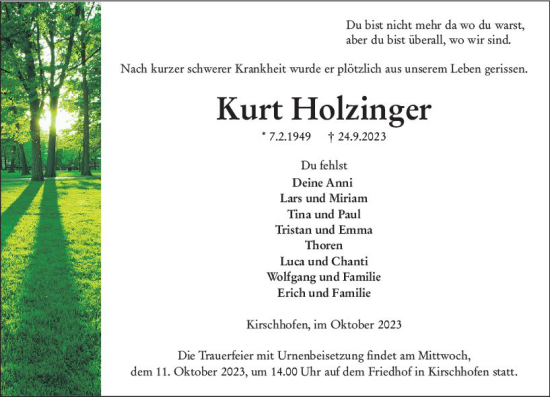 Traueranzeige von Kurt Holzinger von Weilburger Tageblatt
