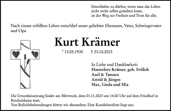 Traueranzeige von Kurt Krämer von Odenwälder Echo