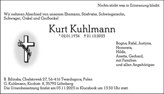 Traueranzeige von Kurt Kuhlmann von Weilburger Tageblatt