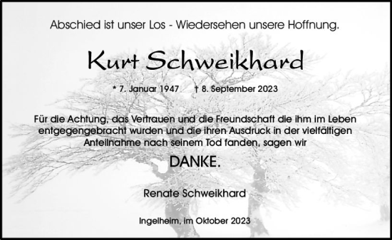 Traueranzeige von Kurt Schweikhard von Allgemeine Zeitung Bingen/Ingelheim