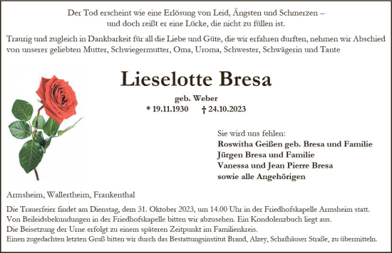 Traueranzeige von Lieselotte Bresa von Allgemeine Zeitung Alzey