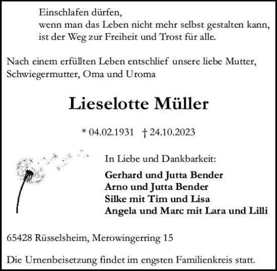 Traueranzeige von Lieselotte Müller von Rüsselsheimer Echo