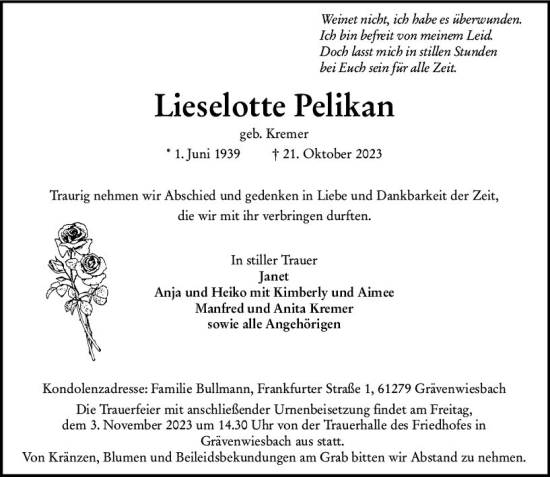 Traueranzeige von Lieselotte Pelikan von Weilburger Tageblatt