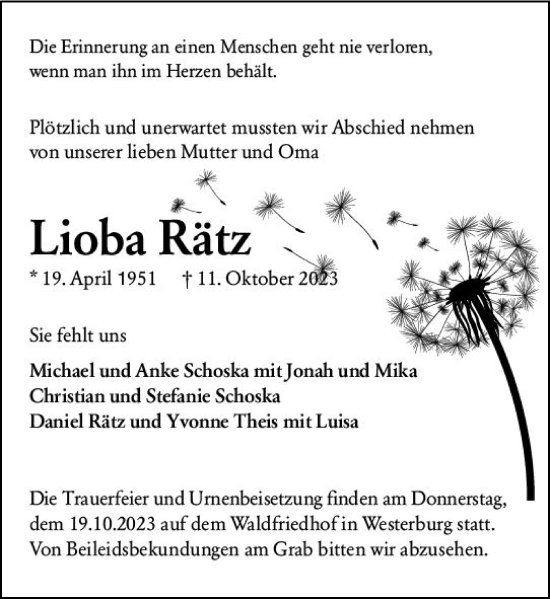 Traueranzeige von Lioba Rätz von Nassauische Neue Presse