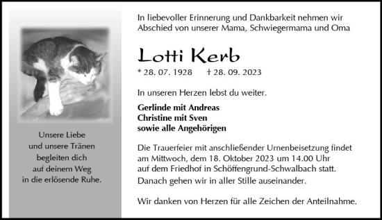 Traueranzeige von Lotti Kerb von Wetzlarer Neue Zeitung