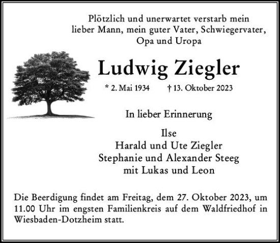 Traueranzeige von Ludwig Ziegler von Wiesbadener Kurier