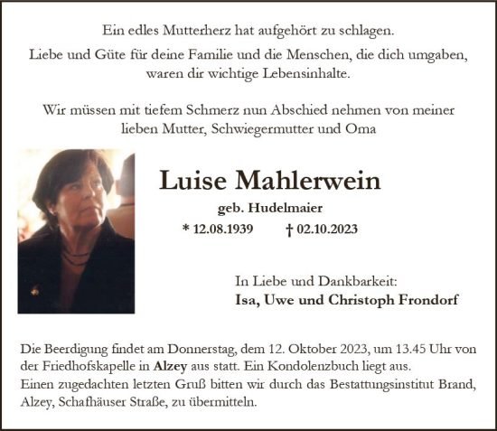 Traueranzeige von Luise Mahlerwein von Allgemeine Zeitung Alzey