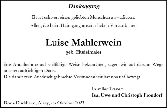 Traueranzeige von Luise Mahlerwein von Allgemeine Zeitung Alzey