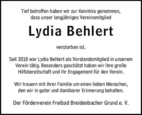 Traueranzeige von Lydia Behlert von Hinterländer Anzeiger
