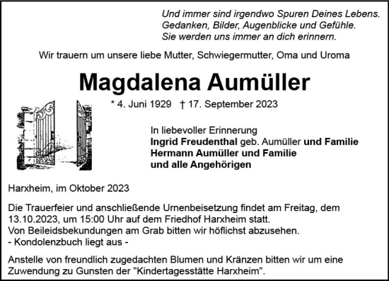 Traueranzeige von Magdalena Aumüller von Allgemeine Zeitung Alzey