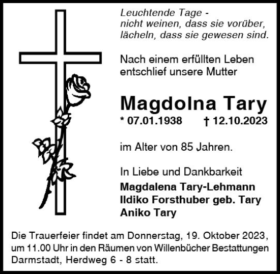 Traueranzeige von Magdolna Tary von Darmstädter Echo