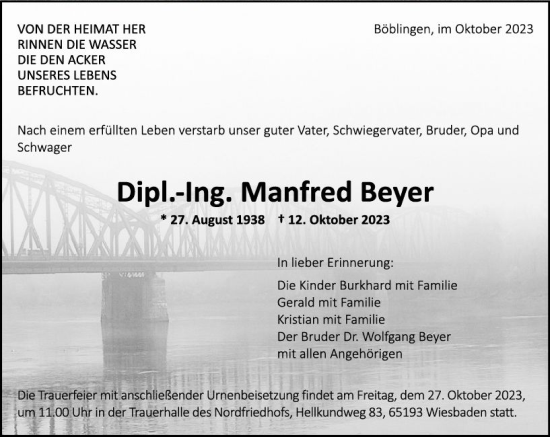 Traueranzeige von Manfred Beyer von Wiesbadener Kurier