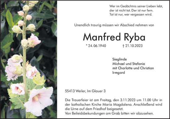 Traueranzeige von Manfred Ryba von Allgemeine Zeitung Bingen/Ingelheim