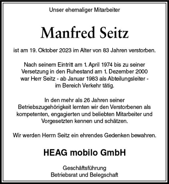 Traueranzeige von Manfred Seitz von Darmstädter Echo