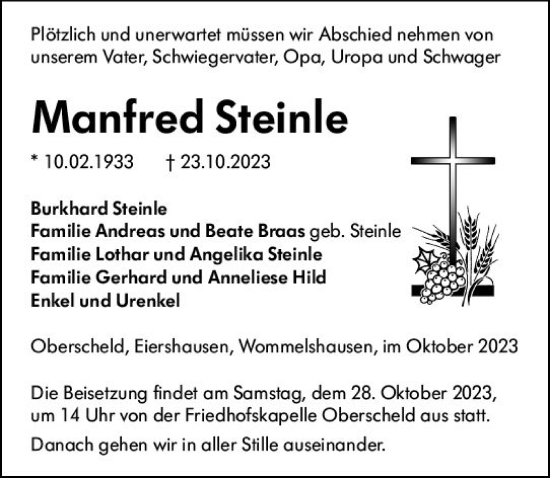 Traueranzeige von Manfred Steinle von Dill Block