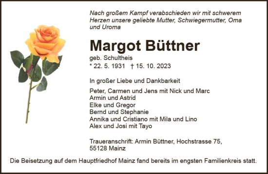 Traueranzeige von Margot Büttner von Allgemeine Zeitung Mainz