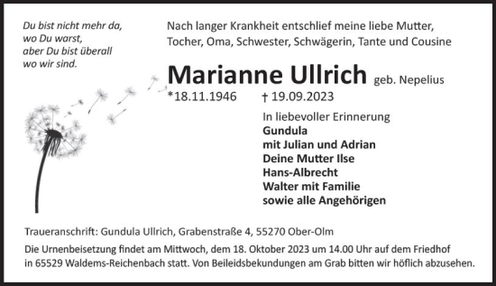 Traueranzeige von Marianne Ullrich von Allgemeine Zeitung Mainz