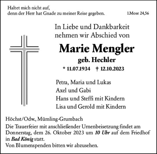 Traueranzeige von Marie Mengler von Odenwälder Echo