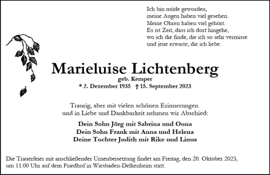 Traueranzeige von Marieluise Lichtenberg von Wiesbadener Kurier