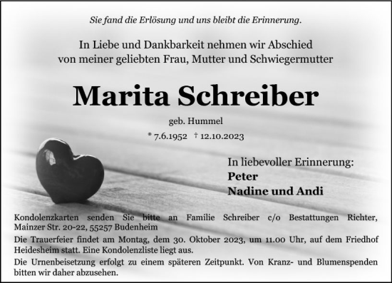 Traueranzeige von Marita Schreiber von Allgemeine Zeitung Bingen/Ingelheim