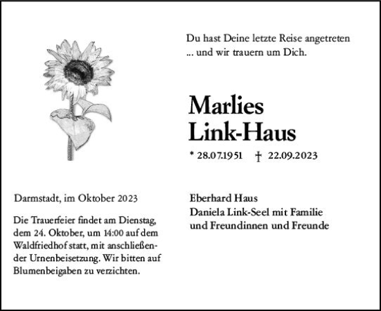Traueranzeige von Marlies Link-Haus von Darmstädter Echo