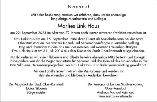 Traueranzeige von Marlies Link-Haus von Darmstädter Echo