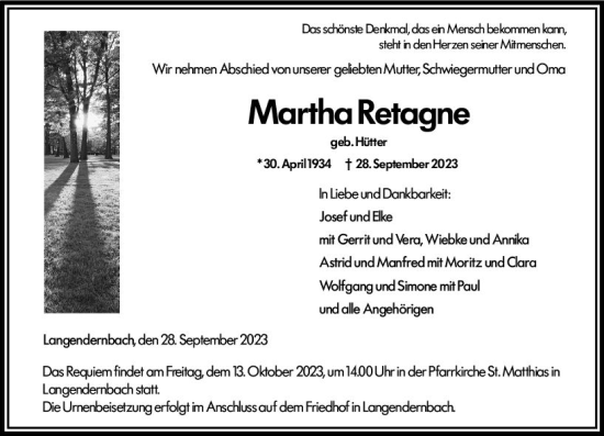 Traueranzeige von Martha Retagne von Nassauische Neue Presse