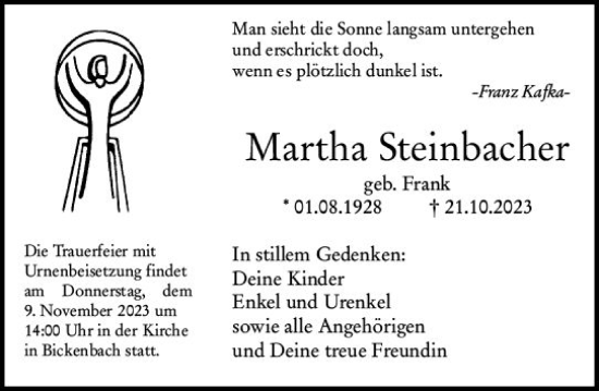 Traueranzeige von Martha Steinbacher von Darmstädter Echo