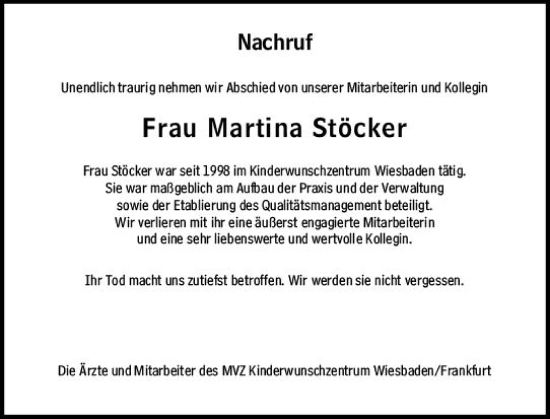 Traueranzeige von Martina Stöcker von Allgemeine Zeitung Mainz