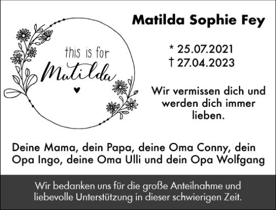 Traueranzeige von Matilda Sophie Fey von Dill Block