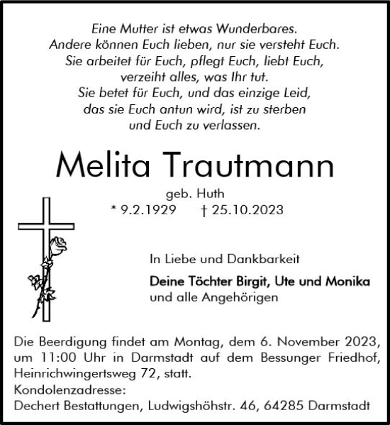 Traueranzeige von Melita Trautmann von Groß-Gerauer Echo