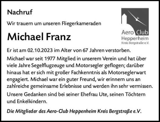 Traueranzeige von Michael Matthias Franz von Starkenburger Echo
