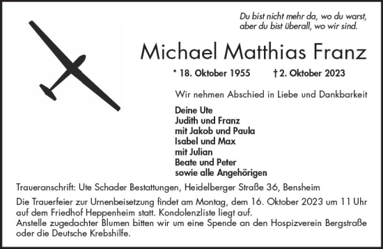 Traueranzeige von Michael Matthias Franz von Starkenburger Echo