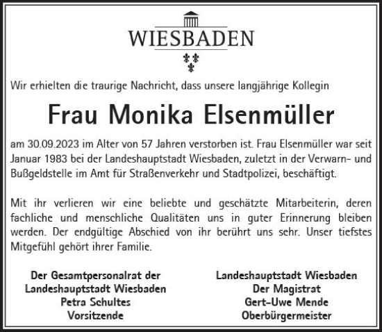 Traueranzeige von Monika Elsenmüller von Wiesbadener Kurier