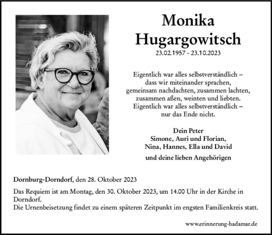 Traueranzeige von Monika Hugargowitsch von Nassauische Neue Presse