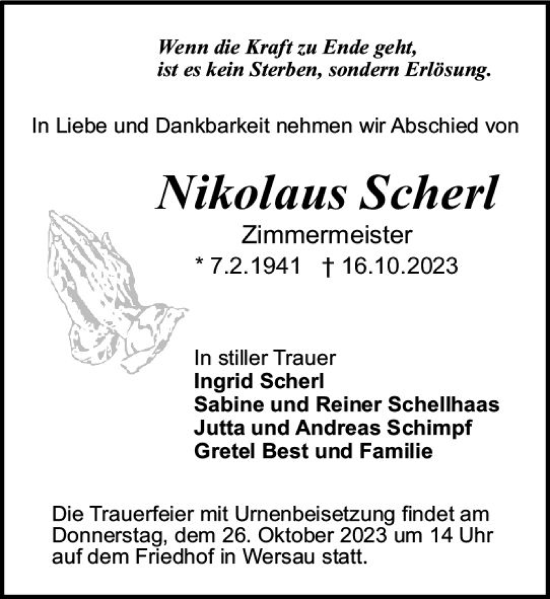 Traueranzeige von Nikolaus Scherl von Odenwälder Echo