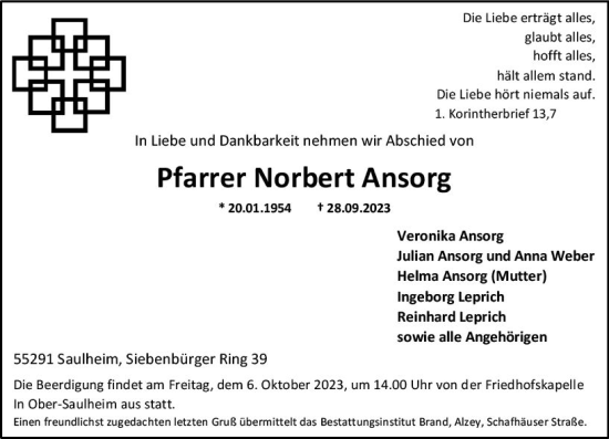 Traueranzeige von Norbert Ansorg von Dill Block