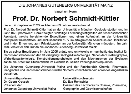 Traueranzeige von Norbert Schmidt-Kittler von Allgemeine Zeitung Mainz